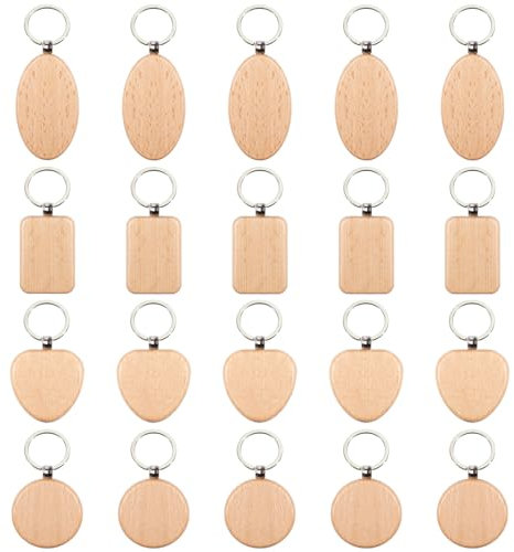 Rebanky 20 Pièces Porte Clef Personnalisable Bois, Porte Clé Peuvent Graver Porte Clé Rond en Bois Bricolage Porte Clé Brut, Porte Clé Bricolage Bois pour Gravure, Artisanat Cadeau (4 Formes)