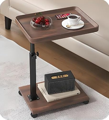 Kiss Me C Shaped Side Table, Height Adjustable 360° Swivel Couch Table | With Wheels，Modern Small Coffee C Table, End Table For Living Room, Bedroom, Balcony, Patio, Walnut Color