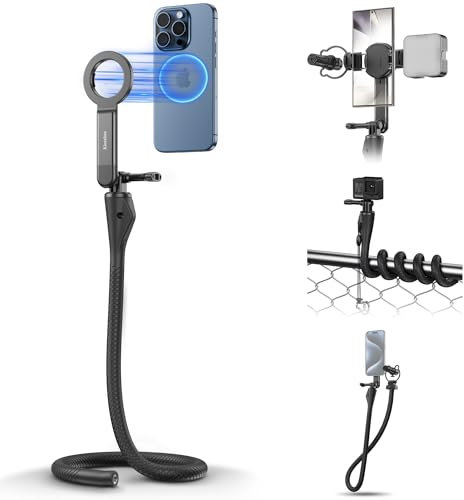 Extendable Magnetic Flexible Phone Mount,29.5 Wrap Around Phone Holder with Cold Shoe Phone Clamp for Magsafe & Android & GoPro Hero,Gooseneck Phone Selfie Stick Stand for Treadmill Car Stroller Bike