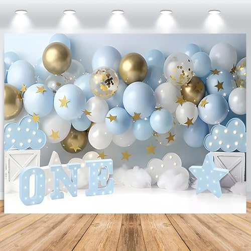 ASDCXZ Erster Geburtstag Fotohintergrund Junge 2.2x1.5m - Blau Gold Weiß Ballon Sterne Wolke Baby Party Fotowand Hintergrund - Kuchen Tischdekoration Banner