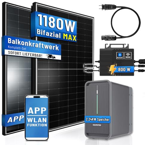 PIANETA Balkonkraftwerk Glas-Glas 1170W/800W Solaranlage mit Eway 800W Micro Wechselrichter WiFi Bluetooth, 2x450W Bifaziale Marken Solarmodule für Haus Dach Balkon Terrasse(Eway + Marstek Speicher)