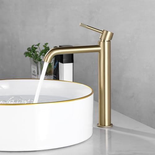PHASAT Robinet de Lavabo pour Salle de Bain, Mitigeur Lavabo Haut Vasque à Poser, Mitigeur Salle De Bains en Acier Inoxydable, Brosser or PTMP21G