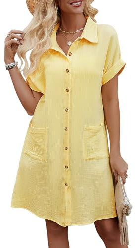 PASUDA Sommerkleid Damen Kleider Casual Hemdkleid V-Ausschnitt Midikleid Kurzarm Kleid Strandkleid Sommer Bikini Cover Up Strandponcho Strandtunika Vertuschen Shirt Kleid mit Taschen (Gelb, XL)