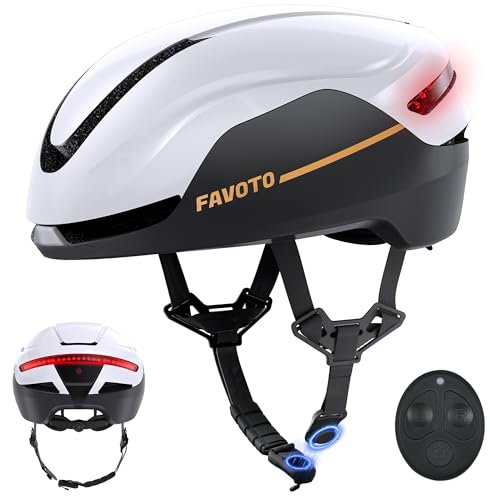 Favoto Electric Bike Helmet White with LED Lights and Turn Signals, CE Certified Adult Cycling Helmet with Remote Control, Lightweight and Adjustable Commuter Helmet 59–61cm
