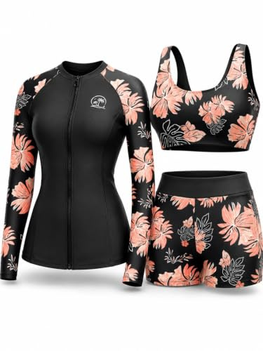 Holipick Langarm-Badeanzüge für Damen – 3-teiliger Rashguard mit Shorts, Reißverschluss, LSF, Schwimmshirt mit integriertem BH