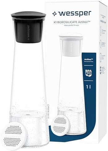 Wessper - Jarra filtrante de cristal, 1 litro, jarra de agua con cartucho de filtro Actitex Disc, jarra de agua de cristal con tapa para agua y bebidas frías, sin BPA - negro