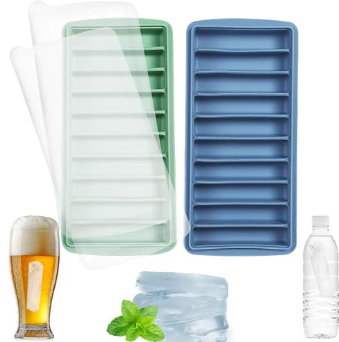 2 Pack Freezer Friendly Trays, 10 Cavities Long Ice Cube Sticks, Ice Cube Moulds, Ice Cube Trays with Lids, Silica Gel Butter Mould, Reusable Ice Sticks for Sport Water Bottles Whiskey (Blue & Green)