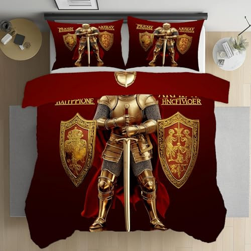 Kntnshac Europäische Ritter Bettwäsche 135x200 Rüstung Waffen Microfaser Wendebettwäsche Vintage Muster Bettwäsche-Set Teenager mit Reißverschluss,Enthält 1 Bettbezug und 2 Kissenbezug 80x80 cm