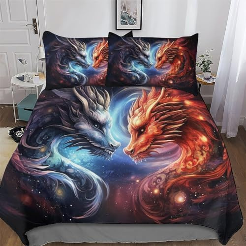 GGJJTT Drache Bettwäsche Atmungsaktive Angenehme Bettbezüge, Mit Reißverschluss Bettdeckenbezug, 2teilig Bettbezug + Kissenbezug Single135x200cm
