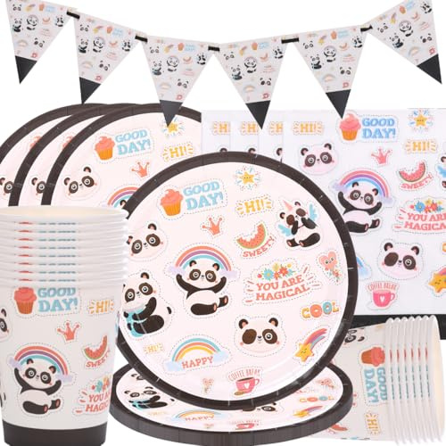 Panda Partygeschirr,Doyomtoy Panda Geburtstag Deko Baby Geburtstag Tassen Servietten Tischdecke für Kindergeburtstag Party Deko Baby Shower 20 Personen