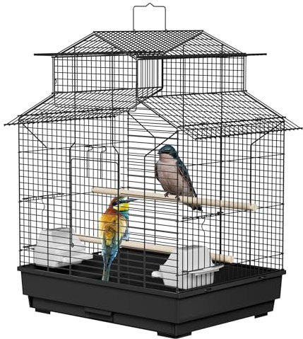UISEBRT Vogelkäfig mit Holzstangen und Futternäpfe - Großer Vogelhaus Vogelvoliere Metall Vogelbauer Käfig Vogel für Finken Kanarienvögel Wellensittiche Schwarz (Typ C, 46x36x62cm)
