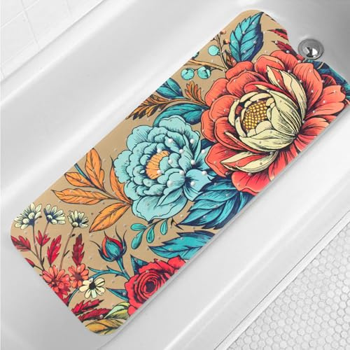 Floral Bathtub Mat Non Slip for Kids Botanical Extra Long Anti Slip Bath Mat for Tub Abstract Bath Shower Mat with Large Drain Holes and Suction Cups Quality Plant Design Bathroom Decor 40x16in