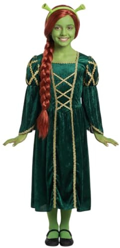 Kinder Prinzessin Oger Kostüm - Grünes Kleid Outfit für Kinder mit lizenzierten Shrek-Ohren, Ingwer-Perücke & grüner Gesichtsfarbe - Märchen-Kostüm für Mädchen & Halloween-Spaß - Medium