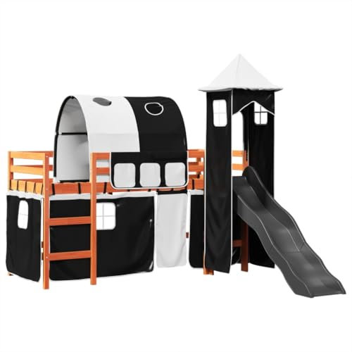 Eleganz Lit mezzanine, pour enfant, avec tour et toboggan, blanc/noir, 90 x 190 cm, en bois de pin, stable, avec bureau, pour chambre d'enfant