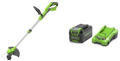Greenworks 40V Akku Rasentrimmer & Kantenschneider mit Rad für klein-mittelgroße Gärten + Greenworks 40V 4Ah Akku & Universal Ladegerät