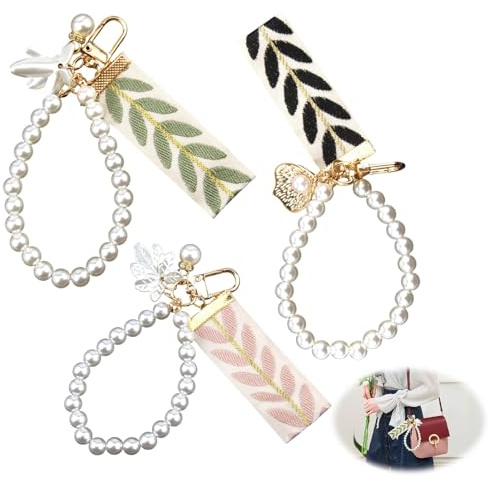 Keychain Élégant Pour Femmes, Porte-Clés Avec Lanière Courte, Anneau De Clés Créatif Avec Feuilles, Ruban En Soie Et Perles, Accessoire De Sac À Main, Portefeuille Et Clés De Voiture