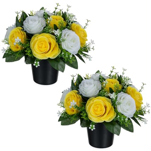 BLOSMON Artificial Grave Flowers Pots, 2 Pcs, Yellow White Roses
