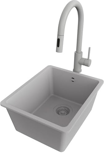 PRIMAGRAN Granitspüle ab 40er Unterschrank + Küchenarmatur, 36x44cm | Set: Küchenarmatur BW9010 + Ablauf-Set + Spülbecken 1 Becken - Venedig Easy Slim, Alles Grau