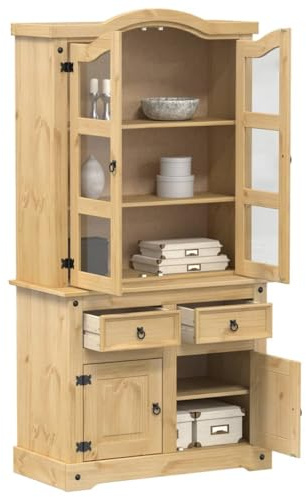 Ziaphsol Corona Vitrine en bois de pin massif avec portes en verre et poignées en métal pour salon, salle à manger et cuisine 100 x 48,5 x 179 cm