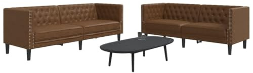 QUAHEAS 2-TLG. Chesterfield-Sofa-Set, Braun Kunstleder Wildleder-Optik, Bequeme Polsterung für Wohnzimmer, strapazierfähige Couchgarnitur mit Massivholzbeinen