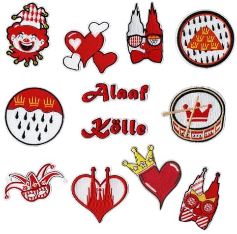 12 Stück Bügelbilder Karneval Köln Aufnäher Rot Weiß Bügelbilder Köln Karneval Flicken zum Aufbügeln Süße Fasching Accessoires Aufbügel Patches zum Aufbügeln fur Kleidung Hosen Hüte Jeans DIY Basteln