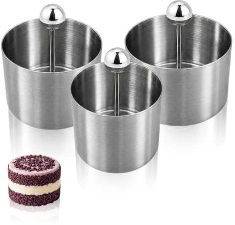 Joyeee Stampo per torta, tagliapasta in acciaio inox, 3 pezzi, stampi per mousse di diverse dimensioni con spingitore, utensili da forno per pancake, dessert