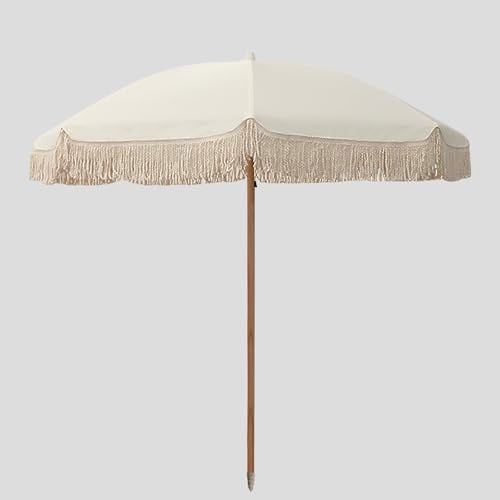 Générique Parasol De Jardin Rétro À Franges Ø180 Cm Parasols À Franges Beige Parasol De Plage Et De Patio Mât en Bois Massif Protection UV sans Base