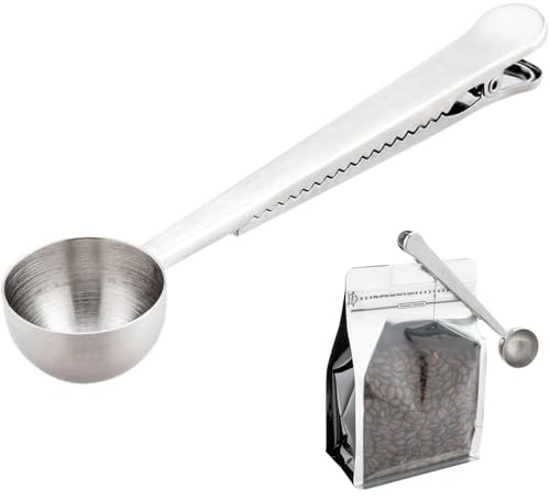 Coffee Scoop with Bag Clip,Coffee Spoon Measuring,Stainless Steel Coffees Scoop,Long Handle Sealing Bag Clip,for Measuring Home Bakers Baking,Ground Beans,Milk Brewin,Fruit (Silver)