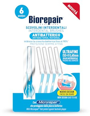 Biorepair, Scovolini Interdentali Ultrafine, Spazio Interdentale 0,60mm, Protezione Antibatterica Sempre Attiva, Facile da Usare, Con Microrepair, SCP, 1 Confezione da 6 Pezzi