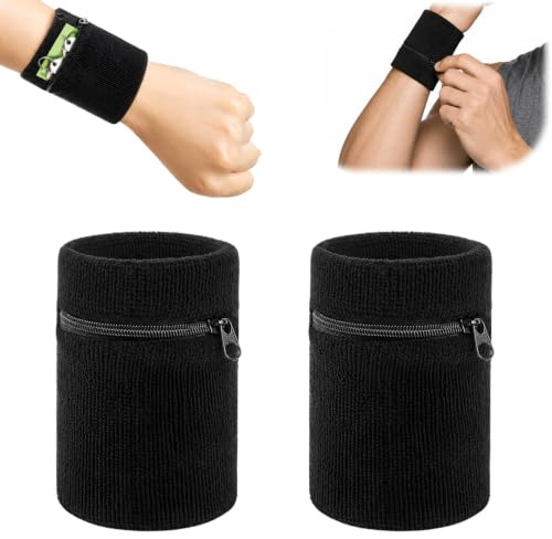 2er Set Schweißband mit Reißverschluss, Handgelenktasche Sport Wristband mit Fach für Schlüssel, Karten und Geld, Handgelenk Tasche aus Baumwolle für Jogging, Basketball, Tennis und Fitness