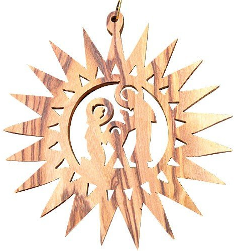 Junker Kirchenbedarf Christbaumschmuck Olivenholz - Weihnachtsbaumschmuck, Anhänger Sonne und Krippe, 8cm
