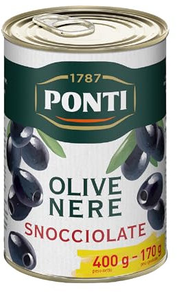 Ponti, Olive Nere Snocciolate, Ideali da Aggiungere ad Insalate e Pizze, Ottimi anche come Antipasto, dal Sapore Ricco e dalla Consistenza Succosa, 100% Made in Italy, 400 g
