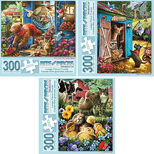 Bits and Pieces - Value Set of Three (3) 300 Piece Jigsaw Puzzles for Adults – Puzzles Measures 46 cm x 61 cm When Complete - Farm Yard Animals Cow Chicken Bear 300 pc Jigsaws by Artist Larry Jones