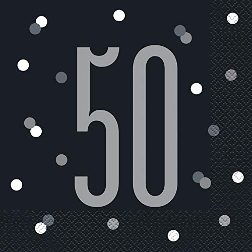 Papierservietten - Zahl 50 - 16,5 cm - Glitzer Schwarz & Silber Geburtstag - 16er-Packung