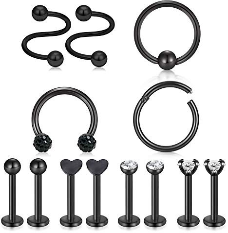 Mayhoop 16G Chirurgenstahl Helix Tragus Ohr Piercing Damen Herren Septum Labret Piercing Lippenpiercing Stud Körperschmuck 13 Stück Schwarz Set