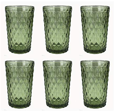 Juego de 6 copas de vino y vasos de colores vintage con patrón de diamantes (red) vasos de cóctel con relieve, cristal, copas de vino, copas de agua, copas de cristal (verde