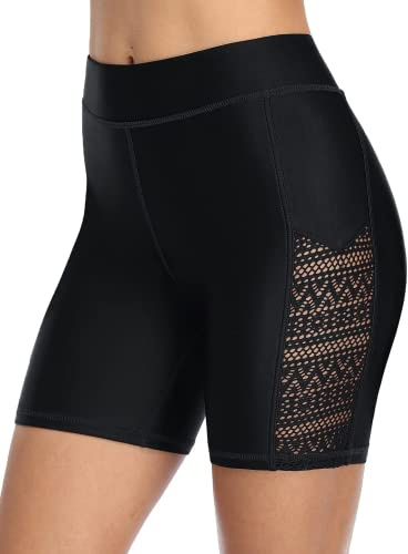 CharmLeaks Women's Long Swimming Shorts Hollow Out Swim Bottom Sport Swim Suit Black XL