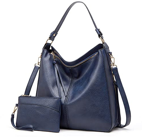 Lifetooler Handtaschen Set Gross Leder Schultertasche Umhängetasche Geldbörse Hobo Damen Taschen Set für Büro Schule Einkauf Reise eschenke für Frauen 2pcs(Navy blau)