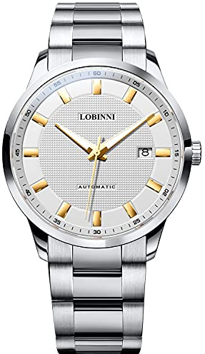LOBINNI Herren-Armbanduhr aus Edelstahl, mechanisch, automatisch, Kalender, luxuriös, analog