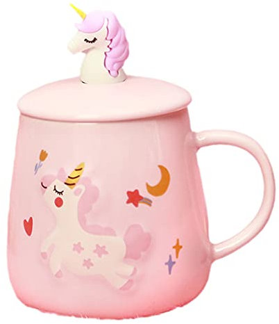 Mug licorne avec couvercle et cuillère 3D en céramique mignonne tasse à café thé ensemble tasse cadeau d'anniversaire pour femme amie amoureux (400 ml)