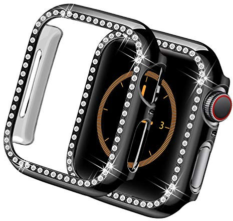 Yolovie Custodia Bling compatibile con Apple Watch Serie 9, 8, 7, 41 mm, con diamanti e strass, da donna, telaio protettivo rigido in policarbonato per iWatch 41 mm, nero