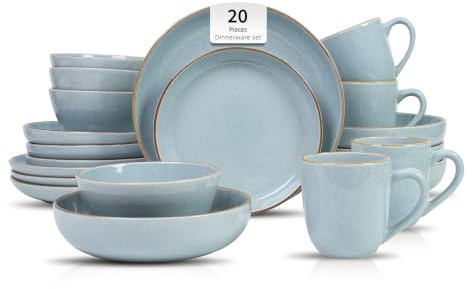 20-teiliges Steingut-Essgeschirr-Set Euro-Nordic, glänzend hellblau mit Sprenkeleffekt