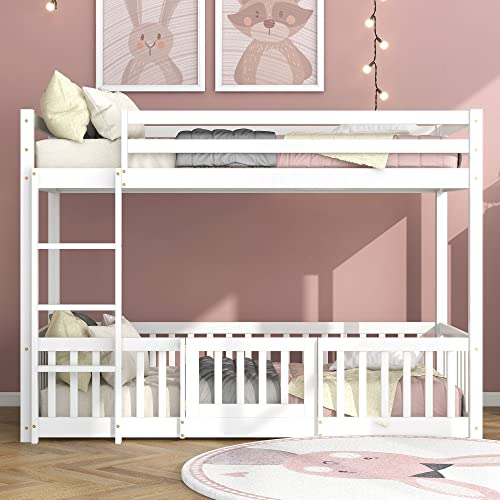 ZYLOYAL10 Etagenbett mit rechtwinkliger Treppe, Bett mit Zäune und Türchen, Kinderbett mit Fallschutz und Gitter, Massivholz, Natur, 200x90cm (Weiß)