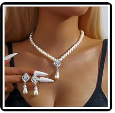 Dishowme Hochzeits-Perlen-Blumen-Halsketten-Set Brautkristall weiße Kunstperlen Anhänger Halskette Ohrringe Blumen-Strass Kunstperlen Kettenschmuck für Frauen Braut Brautjungfer (Weiß C)