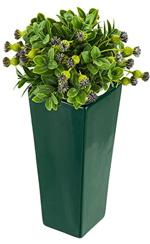 Blumenvase aus Keramik Dunkel grün Glanz H 25 cm Dekorative Tisch Vase Quadrat Blumen Deko Orchidee Modern Glamour