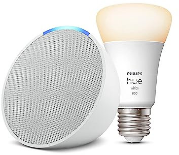 Echo Pop | Bianco ghiaccio + Philips Hue White Lampadina LED Smart (E27), compatibile con Alexa - Kit di base per Casa Intelligente