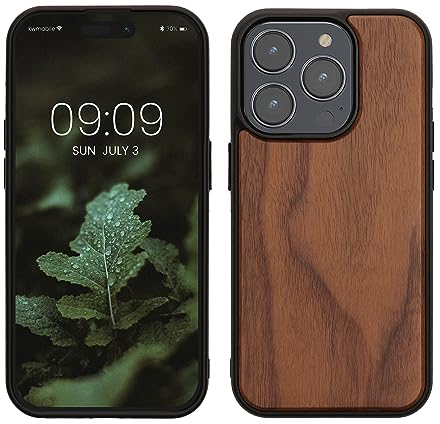 kwmobile Hülle kompatibel mit iPhone 15 Pro Hülle - Holz Case - stoßfestes Handy Cover - TPU Handyhülle in Dunkelbraun