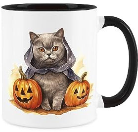 Purely Home Cat Mug - Halloween Pumpkins British Short Hair Cat Gift/Present Mug - Tea Coffee White & Black Ceramic Mug for Cat Lovers