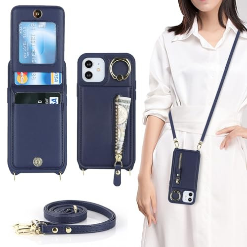 Zouzt for iPhone 12 Mini Case with Cord and Card Holde, Zipper Wallet Case with Crossbody Lanyard Ring Adjustable Necklace Protective Cover Women for iPhone 12 Mini 5.4 Inch - Blue