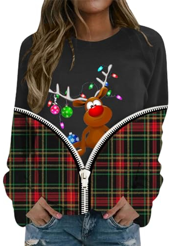 HZMM Oversized Pullover Damen Kapuzenloses Damen-Sweatshirt mit Aufdruck, Fleece, O-Ausschnitt, langärmelig, lässiger Kapuzenpullover für Weihnachten Ohne Ärmel (Black, L)
